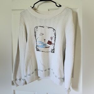 Vintage Cabela's Very Cozy Sweater. Winter Lake And Log Cabin Design